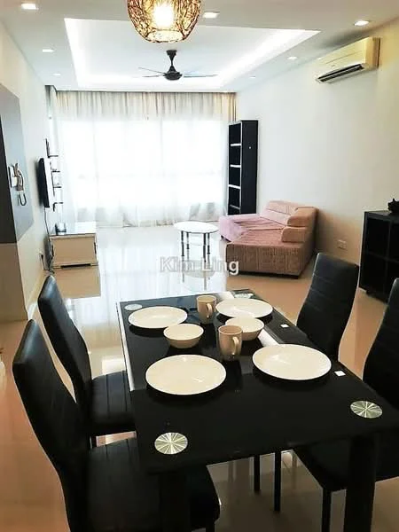 Dining features: black dining table, 6 black dining chairs, white dinner plates, white cups, pendant light fixture, floor-to-ceiling windows, light-colored curtains, cream painted walls, polished tile flooring, ceiling fan, sofa in light pink fabric, black shelving unit; style: modern.