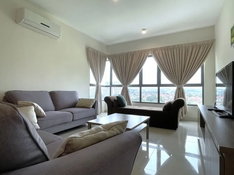 Living features: 2-seater fabric sofa in grey, 3-seater fabric sofa in grey, wood coffee table, TV console, wall-mounted TV, floor-to-ceiling windows, sheer curtains, recessed downlights, air conditioning unit, glossy tile flooring, decorative wall art, area rug; style: modern; view: city.