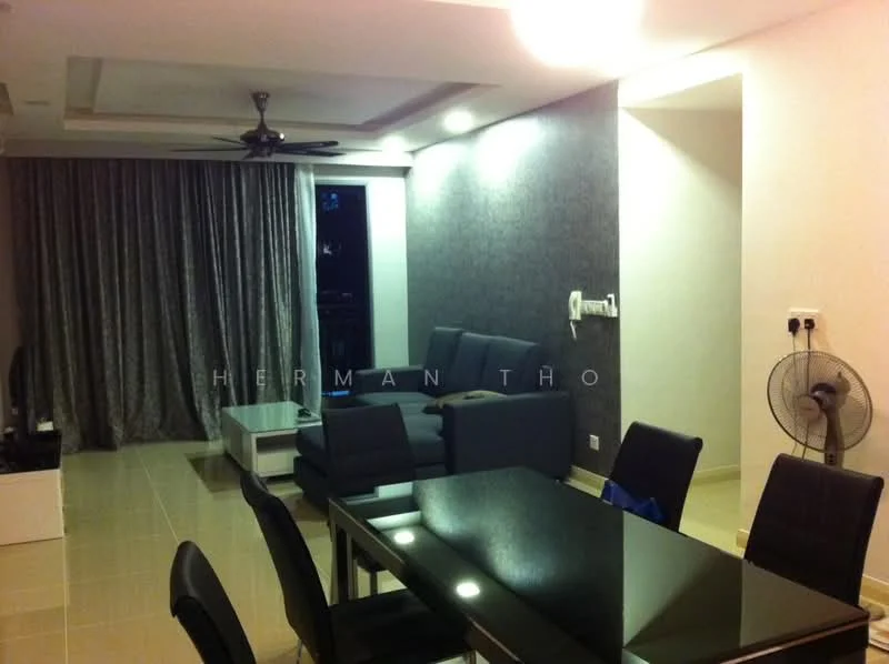 Living features: grey fabric sofa, black glass coffee table, black dining table with chairs, ceiling fan, floor-to-ceiling windows with sheer curtains, grey accent wall, light-colored tiled flooring, wall-mounted TV console; style: modern.