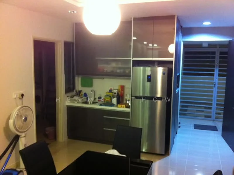 Kitchen features: grey flat-panel cabinets, stainless-steel fridge, single-bowl stainless-steel sink, chrome pull-down faucet, white countertop, ceramic tile flooring, wall-mounted fan, recessed downlights, open shelving, kitchen utensils and appliances visible; style: modern. Dining features: black dining table, black dining chairs; style: modern.