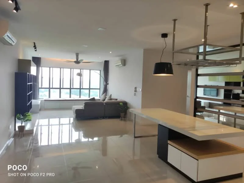 Living features: floor-to-ceiling windows, grey fabric sectional sofa, white marble tile flooring, 5-blade ceiling fan with light, recessed downlights, wall-mounted TV unit, open shelving, decorative plants, neutral painted walls, dining table with white countertop, black pendant light, kitchen island with storage; style: modern; view: city.