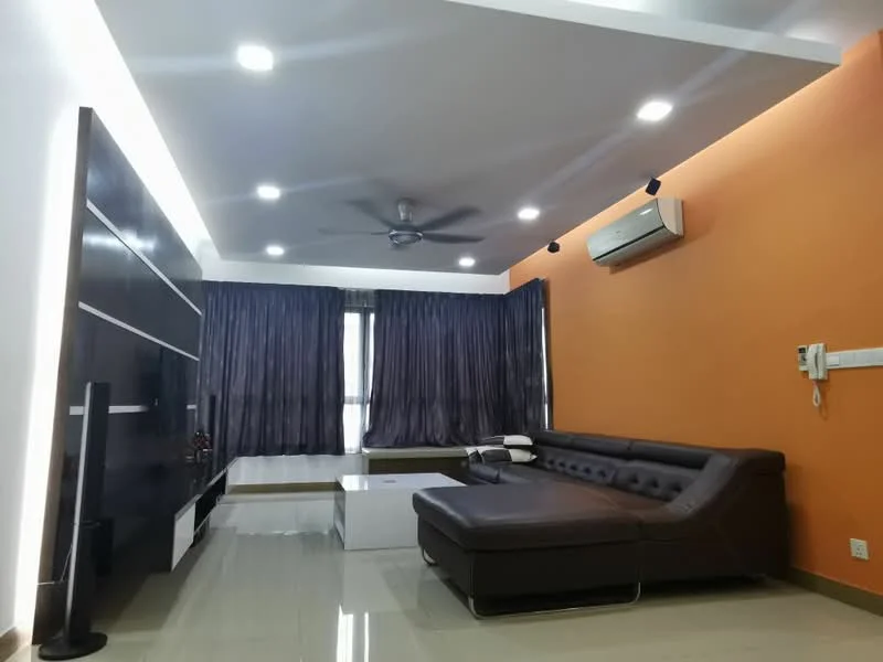 Living features: L-shape sectional sofa in dark brown leather, white coffee table, wall-mounted TV, black entertainment unit, floor-to-ceiling windows with sheer curtains, recessed LED downlights, ceiling fan with light, cream tiled flooring, orange accent wall, dark grey wall with horizontal white stripes, air conditioning unit on wall; style: modern.