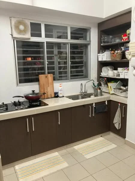 Kitchen features: brown cabinetry, light-colored countertop, stainless-steel sink, chrome faucet, gas stove with 2 burners, wooden cutting board, open shelving, various kitchen utensils, dish rack, window with horizontal bars, tile flooring, kitchen towels; style: modern.