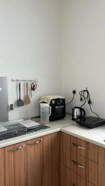 Kitchen features: laminate countertop, wood cabinetry, stainless-steel kettle, coffee machine, kitchen utensils hanging on rack, sink, wall-mounted electrical outlets, paper towel holder; style: modern.