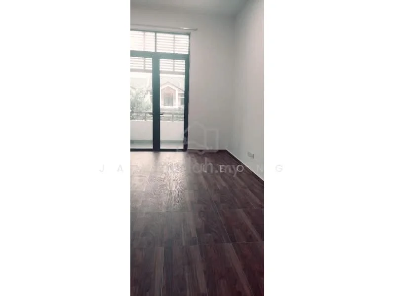 Room features: wooden flooring, white painted walls, floor-to-ceiling windows, sliding glass door, natural light, balcony access; style: modern; view: garden.