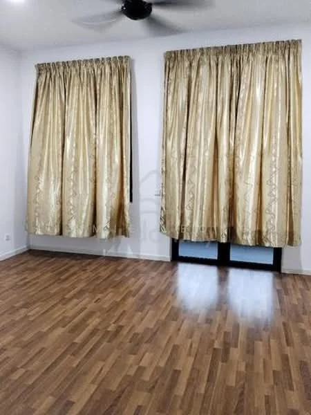 Room features: wooden flooring, white painted walls, floor-to-ceiling windows, golden curtains, ceiling fan.