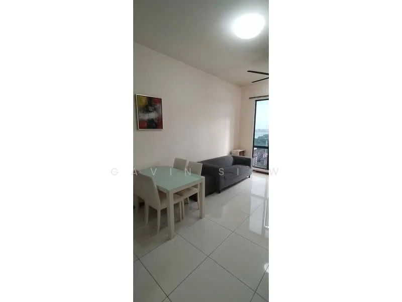 Living features: white painted walls, glossy tile flooring, 5-blade ceiling fan, large window with city view, grey fabric sofa, 4-seater dining table, abstract artwork on wall, natural light from window; style: modern; view: city.