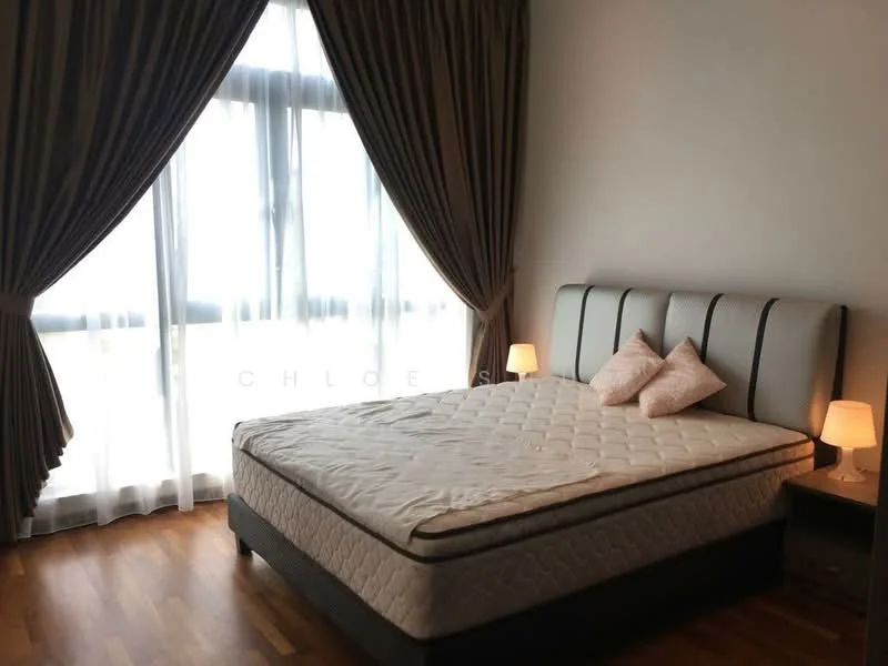 Bedroom features: queen-size bed, upholstered headboard, two bedside lamps, floor-to-ceiling windows, sheer curtains, dark wood flooring, decorative pillows, neutral wall color; style: modern.