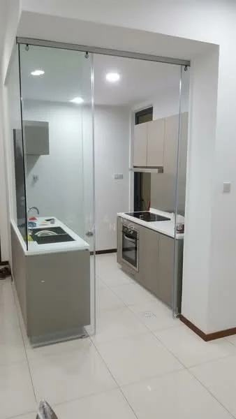 Kitchen features: glass sliding door, white countertop, single-bowl stainless-steel sink, chrome pull-down faucet, built-in oven, freestanding range oven, cabinets with flat-panel design in beige, ceramic tile flooring, recessed LED downlights, wall-mounted extractor hood; style: modern.