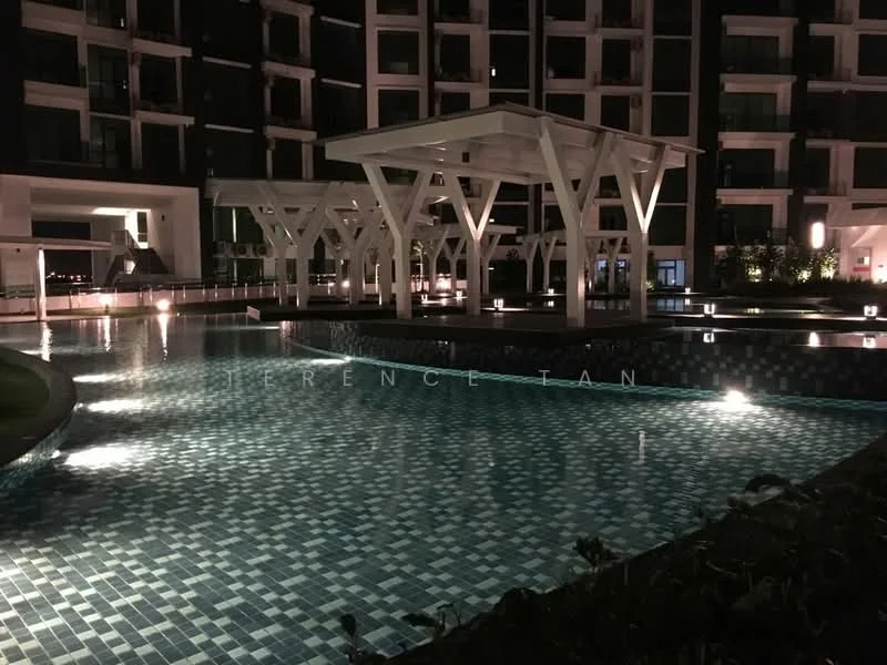 Exterior type: swimming pool deck; features: outdoor swimming pool, pool deck with loungers, landscaped garden, feature lighting at night, modern pavilion structure, tile cladding around pool, surrounding greenery; style: modern.