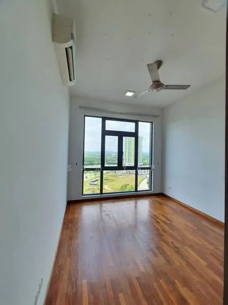 Room features: wooden flooring, white painted walls, ceiling fan, floor-to-ceiling windows, city view, air conditioning unit, natural light, no visible furniture; style: modern; view: city.