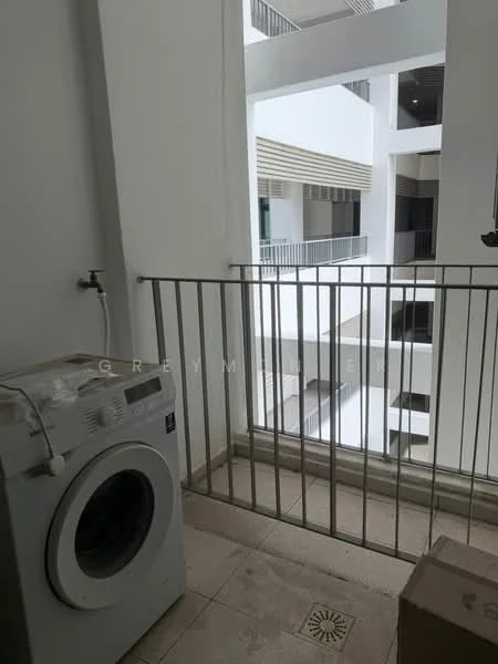 Laundry features: washing machine, white walls, tile flooring, balcony railing, drainage grate, box, natural light from balcony; view: courtyard.