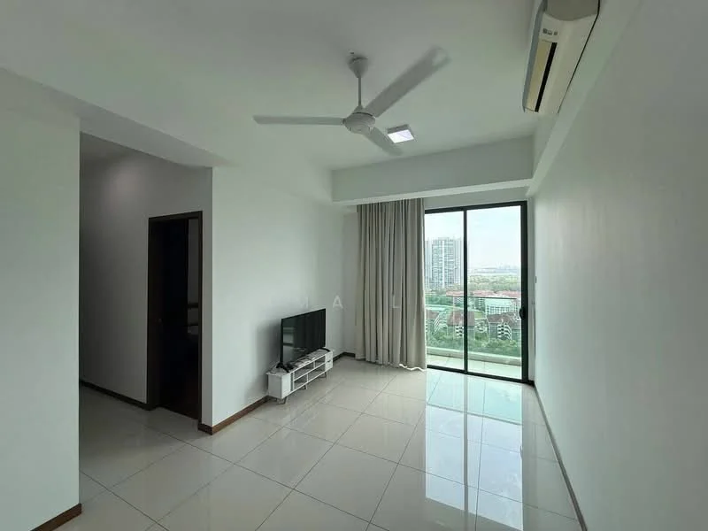 Living features: white painted walls, glossy ceramic tile flooring, 5-blade ceiling fan with light, wall-mounted air conditioning unit, floor-to-ceiling windows, sliding glass door, TV console, wall-mounted TV, natural light from windows, view of city skyline; style: modern; view: city.