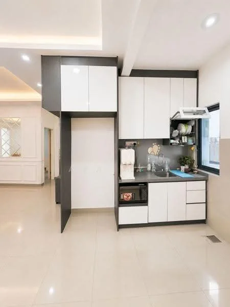 Kitchen features: white cabinetry with flat-panel doors, grey cabinetry, single-bowl stainless-steel sink, chrome pull-down faucet, built-in microwave, freestanding range oven, grey countertop, tile backsplash, recessed LED downlights, white walls, glossy tile flooring; style: modern.