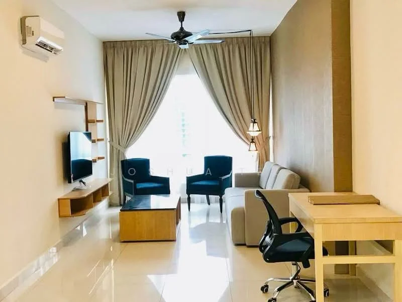 Living features: 3-seater fabric sofa in light grey, 2 armchairs in navy blue, wooden coffee table, TV console with wall-mounted TV, ceiling fan with light, floor-to-ceiling windows with sheer curtains, cream painted walls, polished tile flooring, study desk with chair, decorative lamp, wall-mounted air conditioning unit; style: modern; view: city.
