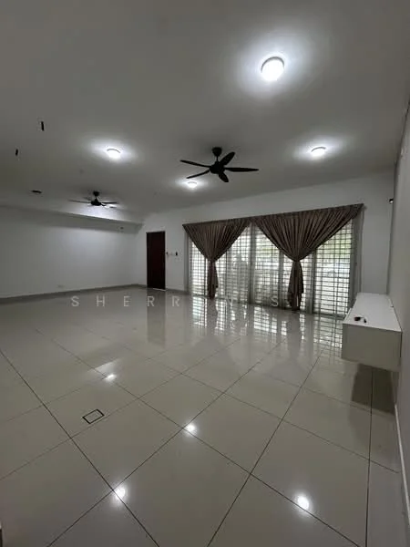 Living features: white painted walls, glossy ceramic tile flooring, 2 ceiling fans, recessed downlights, large windows with sheer curtains, double-layered curtain drapes, wall-mounted console, open layout; style: modern.