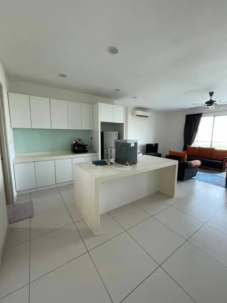 Kitchen features: white cabinetry, light green backsplash, island countertop, stainless-steel fridge, built-in oven, freestanding range oven, single-bowl stainless-steel sink, chrome pull-down faucet, recessed downlights, tile flooring, wall-mounted split AC, ceiling fan, open layout to living area; style: modern; view: city. Living features: 3-seater fabric sofa in black, orange fabric sofa, coffee table, TV console, wall-mounted TV, area rug, large window with curtains; style: modern; view: city.