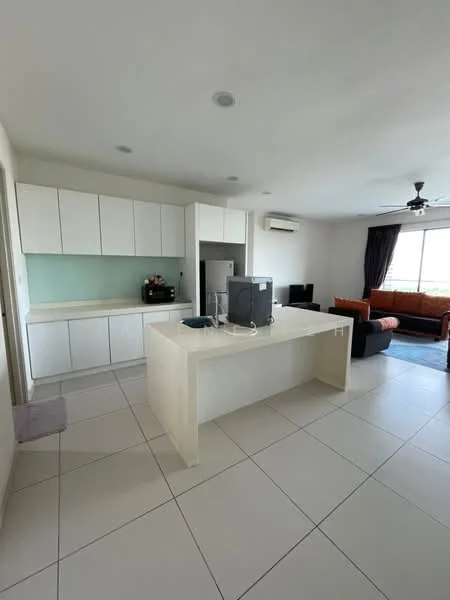 Kitchen features: white cabinetry, light green backsplash, island countertop, stainless-steel fridge, built-in oven, 4-burner gas hob, single-bowl stainless-steel sink, chrome pull-down faucet, pendant light, recessed downlights, tile flooring, open layout to living area, air conditioning unit; style: modern; view: city. Living features: 3-seater fabric sofa in dark grey, orange accent sofa, coffee table, area rug, floor-to-ceiling windows, curtains, ceiling fan; style: modern; view: city.