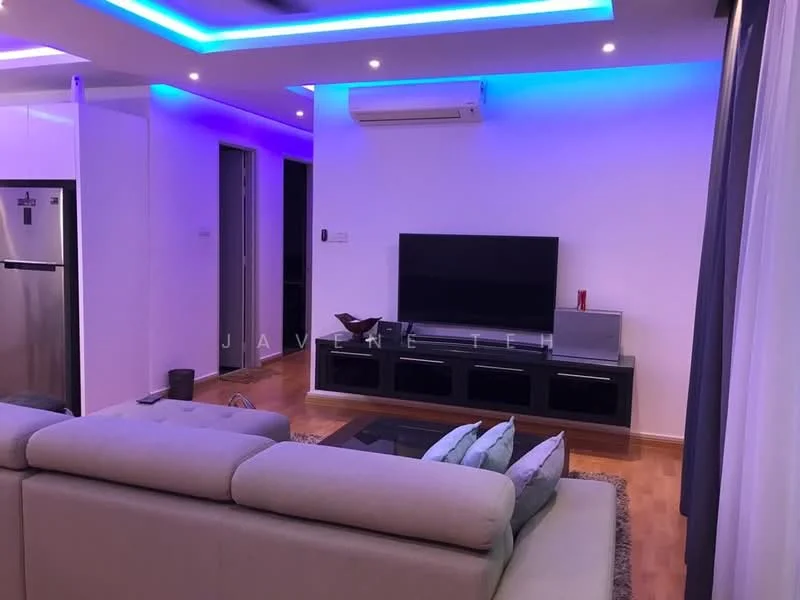 Living features: light grey fabric sofa, coffee table, wall-mounted TV, TV console with storage, recessed LED downlights, blue LED strip lighting, wooden flooring, air conditioning unit, decorative bowl on table, curtains, area rug; style: modern.