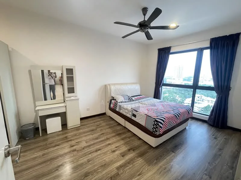 Bedroom features: king-size bed with upholstered headboard, bedding with striped pattern, 2 bedside tables, white dresser with mirror, floor-to-ceiling windows, curtains in navy blue, wooden flooring, 5-blade ceiling fan with light, decorative wall art, waste bin; style: modern; view: city.