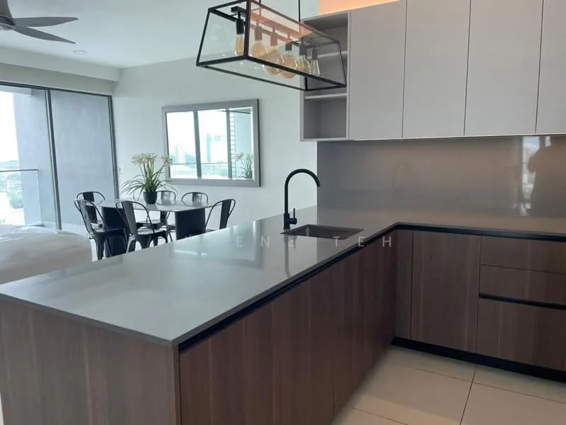 Kitchen features: grey quartz countertop, wood cabinetry, white upper cabinets, black faucet, stainless-steel sink, pendant lighting, open shelving, tile flooring, floor-to-ceiling windows, view of dining area; style: modern; view: city.