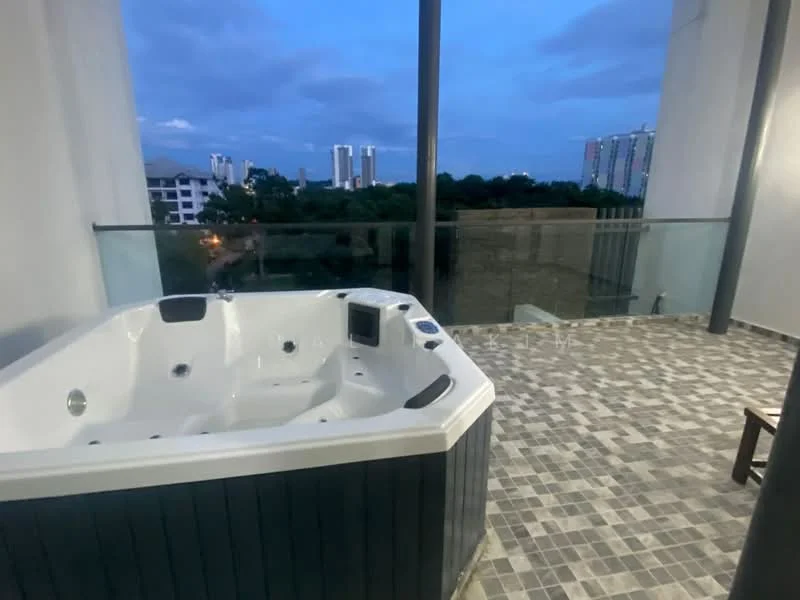Balcony features: jacuzzi, glass railing, paved flooring with mosaic tiles, outdoor seating area, city skyline view; style: modern; view: city.