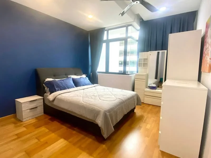 Bedroom features: queen-size bed with grey upholstered headboard, white bedding with blue decorative pillows, 2 bedside tables in white, white dresser with multiple drawers, large window with sheer curtains, wooden flooring, ceiling fan, blue accent wall, white walls, built-in wardrobe with mirror; style: modern.