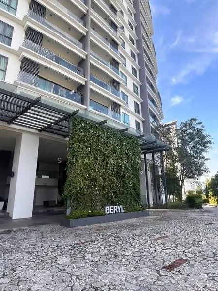 Exterior type: high-rise condominium; features: glass curtain wall, green vertical garden, stone-paved walkway, covered entrance, multiple storeys, landscaped area with trees; style: modern.