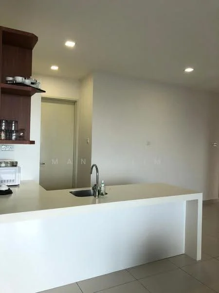 Kitchen features: white quartz countertop, single-bowl stainless-steel sink, chrome pull-down faucet, wood cabinetry, open shelving, white tiled backsplash, built-in microwave, recessed LED downlights, cream painted walls, ceramic tile flooring; style: modern.