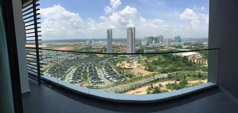 Room features: floor-to-ceiling windows, glass balcony railing, grey tile flooring, city skyline view, panoramic view of surrounding area, outdoor space, sliding glass door, open-air balcony; style: modern; view: city.