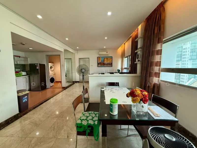 Dining features: dining table with 4 chairs, marble flooring, large window with city view, decorative vase with flowers, ceiling lights, wall-mounted air conditioning unit, fan, curtains, green table runner; style: modern; view: city. Kitchen features: open kitchen layout, kitchen cabinets, stainless-steel sink, built-in oven, refrigerator, washing machine, countertop, tile backsplash; style: modern. Laundry features: front-load washing machine, dryer, shelving, tile flooring.