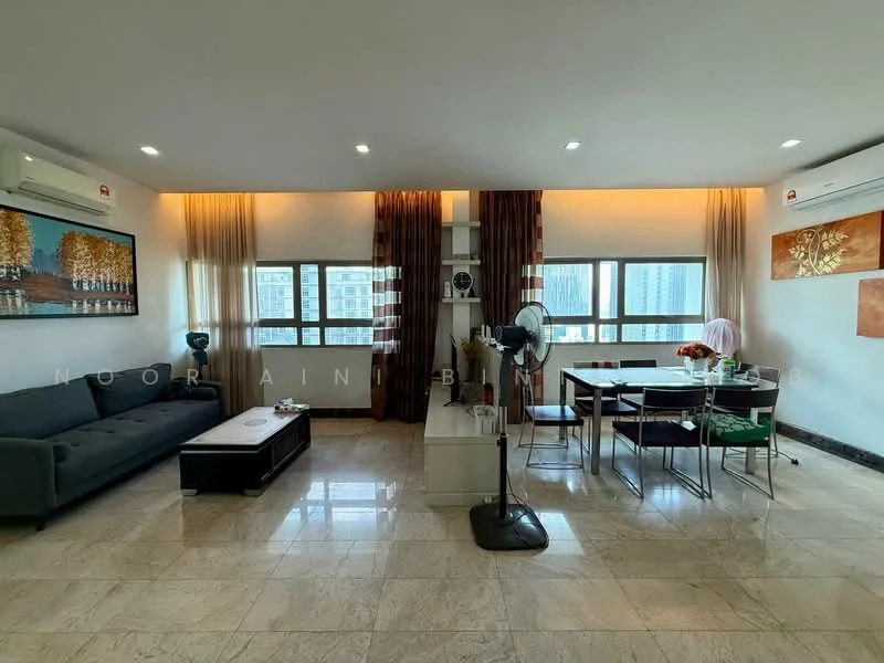 Living features: grey fabric sofa, coffee table, wall-mounted TV, dining table for 4, 4 dining chairs, marble flooring, 2 wall-mounted split AC units, decorative wall art, curtains, floor lamp, ceiling lights; style: modern; view: city.
