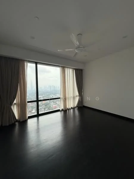 Bedroom features: floor-to-ceiling windows, city view, 5-blade ceiling fan, light-coloured curtains, dark wood flooring, white painted walls, recessed lighting; style: modern; view: city.