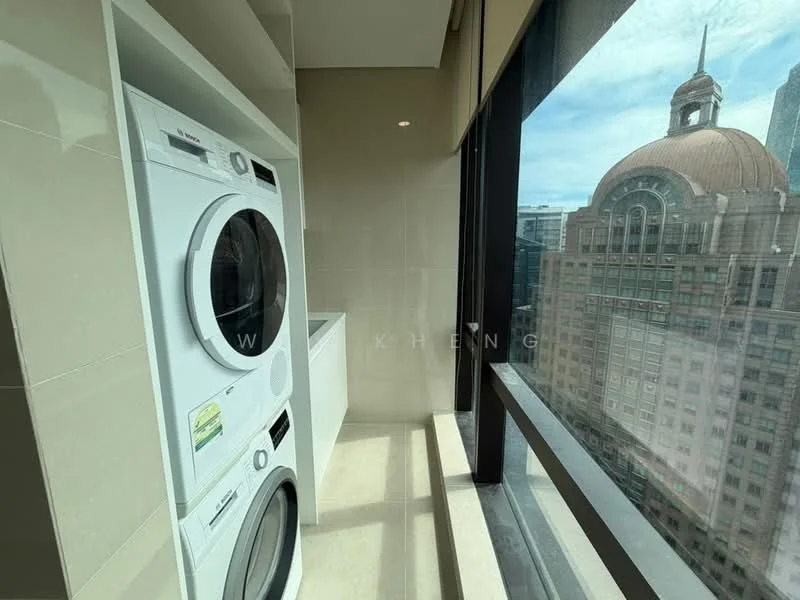Laundry features: front-load washing machine, front-load dryer, white cabinetry, light-colored countertop, large window with city view, tile flooring, neutral wall color, built-in laundry area; style: modern; view: city.