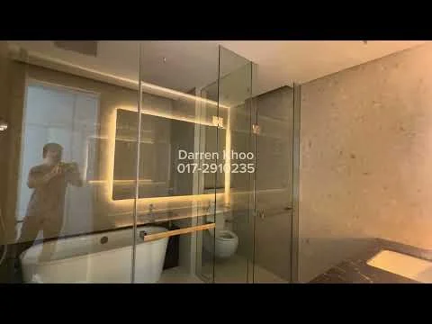 Bathroom features: glass shower enclosure, freestanding bathtub, double-sink vanity with wood cabinet, chrome basin mixer faucets, backlit mirror, stone wall cladding, tile flooring, toilet, wooden shelving, recessed lighting; style: modern.