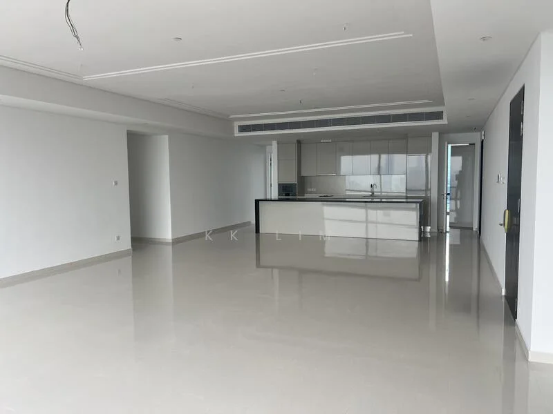 Living features: white painted walls, polished concrete flooring, recessed downlights, open-plan layout, floor-to-ceiling windows, kitchen island with seating, modern cabinetry, stainless-steel appliances; style: modern.