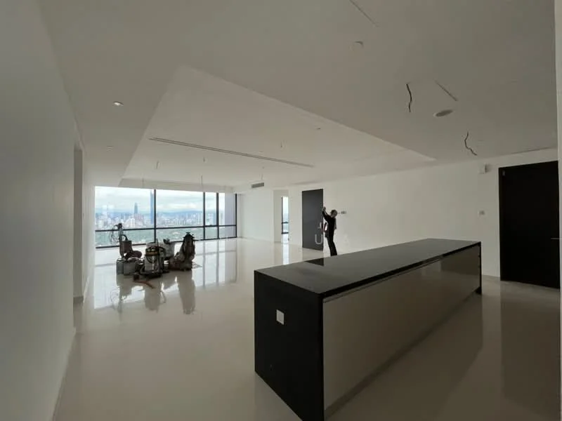 Living features: white painted walls, polished ceramic tile flooring, tray ceiling, floor-to-ceiling windows, city view, open-plan layout, black kitchen island with glossy finish, recessed downlights; style: modern; view: city.