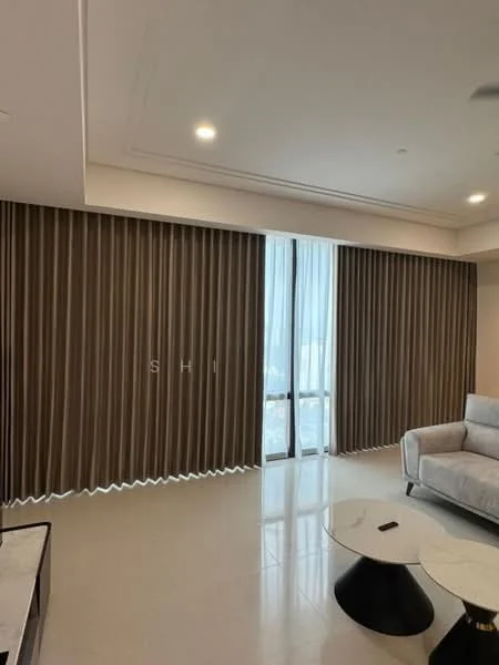 Living features: floor-to-ceiling windows, sheer curtains, brown vertical blinds, light-colored walls, recessed downlights, marble flooring, modern coffee table, light-colored sofa; style: modern; view: city.