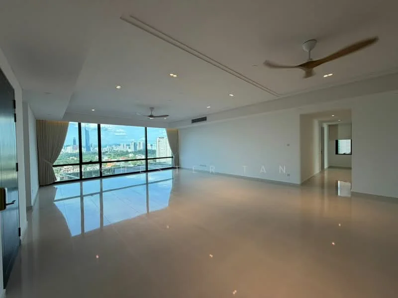 Living features: large floor-to-ceiling windows, city skyline view, white painted walls, polished marble flooring, recessed downlights, 5-blade ceiling fan, curtains, open layout; style: modern; view: city. Room features: white painted walls, polished marble flooring.