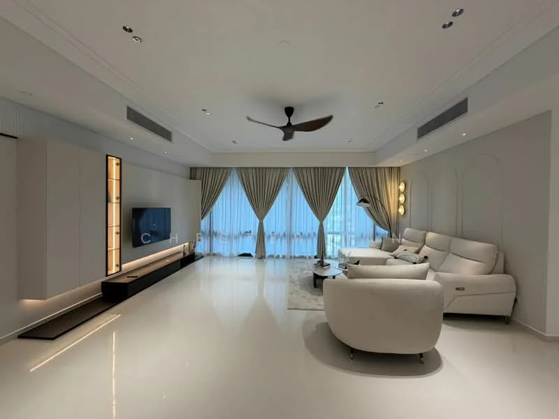 Living features: white painted walls, polished marble flooring, 5-blade ceiling fan, recessed downlights, floor-to-ceiling windows, sheer curtains, light grey sectional sofa, white armchair, wooden TV console, wall-mounted TV, decorative floor lamp, area rug with geometric pattern; style: modern; view: city.