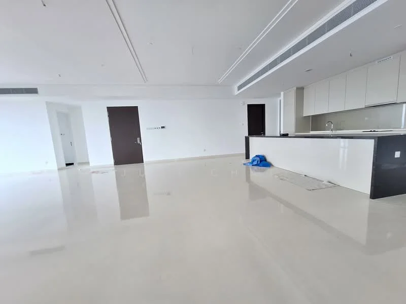Room features: white painted walls, polished marble flooring, recessed downlights, open kitchen layout, island countertop with bar seating, built-in cabinetry, floor-to-ceiling windows, sliding door, neutral color palette; style: modern.