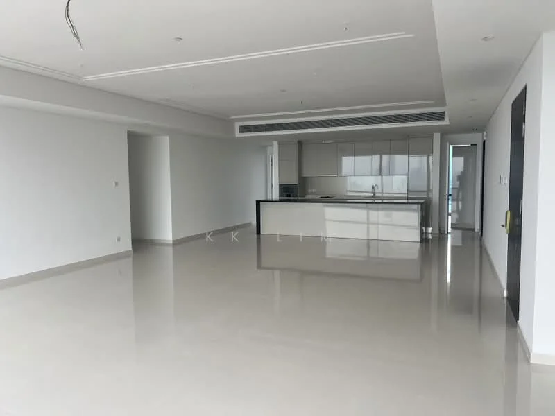 Living features: white painted walls, polished ceramic tile flooring, recessed downlights, open-plan layout, floor-to-ceiling windows, kitchen island with seating, modern cabinetry, stainless-steel appliances, neutral color palette, high ceiling, air conditioning vents; style: modern; view: city.