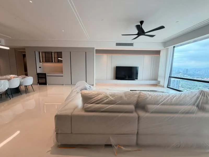 Living features: L-shape sectional sofa in light color, 5-blade ceiling fan with light, wall-mounted TV, built-in entertainment unit, large floor-to-ceiling windows, city skyline view, polished tile flooring, recessed downlights, neutral painted walls, decorative wall paneling; style: modern; view: city. Dining features: 6-seater dining table, upholstered dining chairs, open kitchen layout, built-in cabinetry, neutral color scheme; style: modern; view: city.