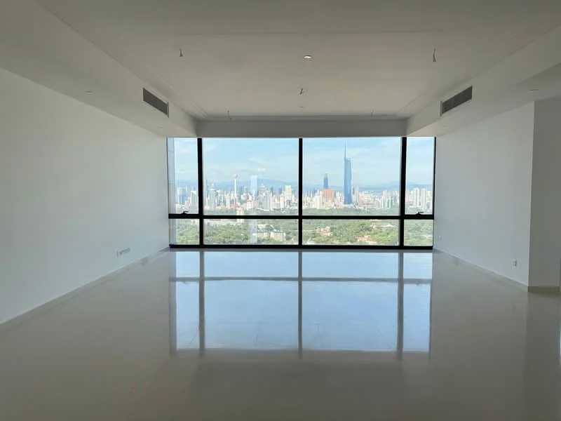 Room features: floor-to-ceiling windows, white painted walls, polished marble flooring, city skyline view; style: modern; view: city.