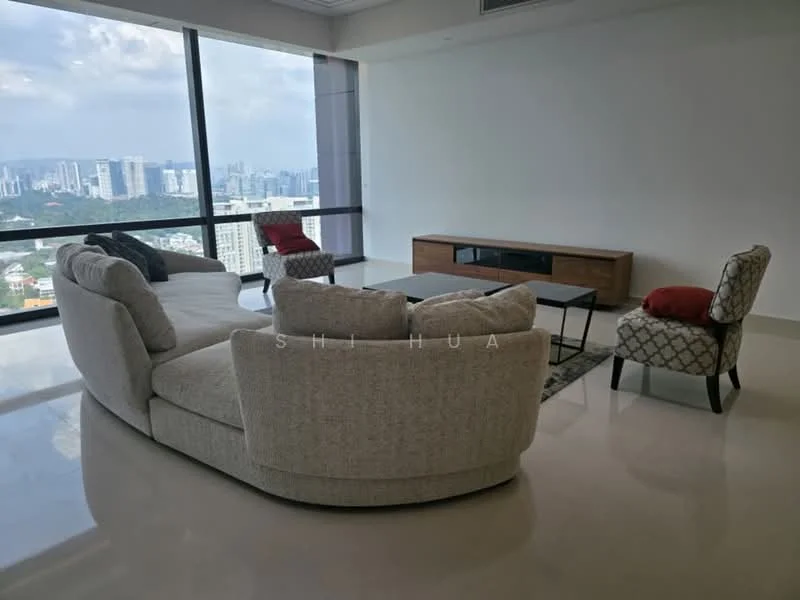 Living features: L-shape sectional sofa in light grey fabric, coffee table with dark wood finish, TV console with wall-mounted TV, area rug with geometric pattern, floor-to-ceiling windows, city skyline view, decorative cushion in red, accent chair with patterned upholstery, polished tile flooring, recessed downlights; style: modern; view: city.