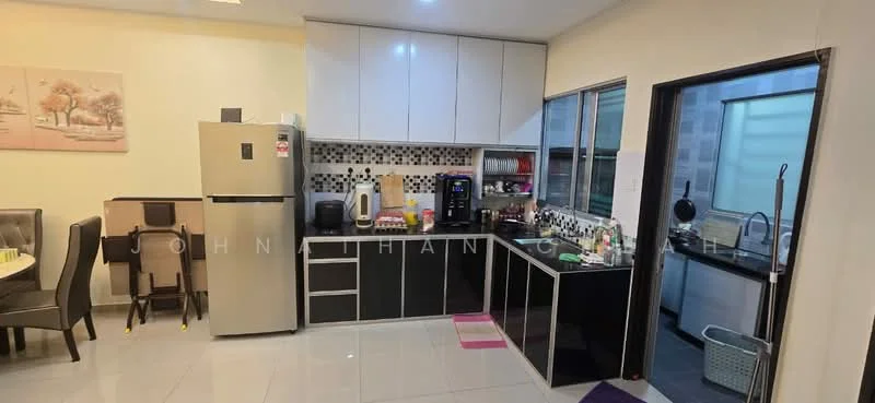 Kitchen features: black cabinetry with glossy finish, white countertop, stainless-steel fridge, built-in microwave, coffee machine, kettle, toaster, 4-burner gas hob, stainless-steel sink, chrome pull-down faucet, black and white mosaic tile backsplash, grey tile flooring, window with sheer curtains, recessed downlights; style: modern. Dining features: 6-seater dining table, upholstered dining chairs, decorative wall art, area rug, grey tile flooring; style: modern.