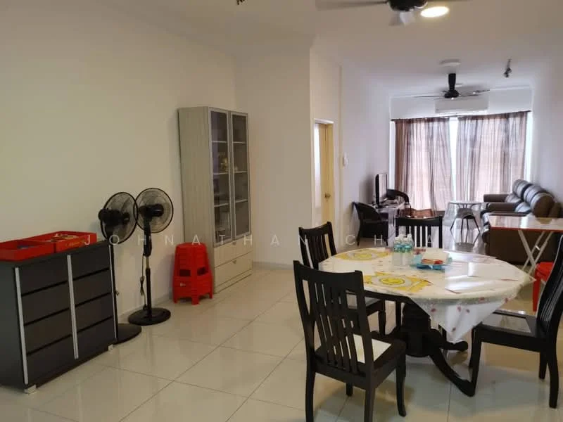 Dining features: white walls, glossy tile flooring, dining table with tablecloth, black dining chairs, ceiling fan, two standing fans, display cabinet, sideboard, sofa in background, large windows with sheer curtains; style: modern.