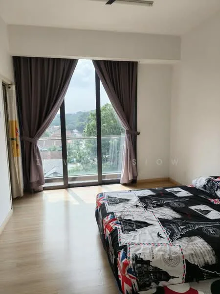 Bedroom features: queen-size bed, black and white patterned bedding, floor-to-ceiling windows, grey curtains, wooden flooring, ceiling fan, decorative wall art, balcony access, natural light from windows; style: modern; view: garden.