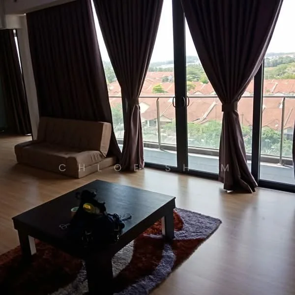 Living features: floor-to-ceiling windows, balcony access, brown curtains, sofa bed in beige, coffee table, area rug with geometric pattern, wooden flooring, city view; style: modern; view: city.