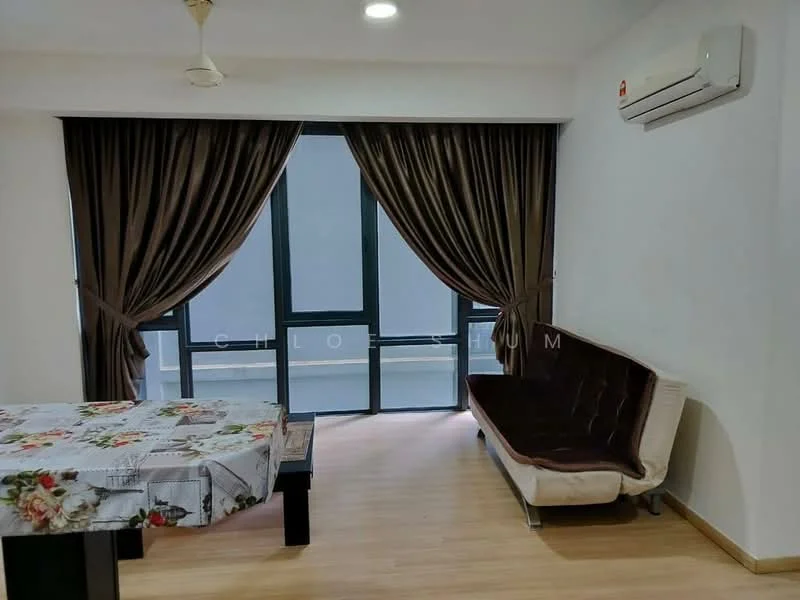 Living features: wooden flooring, white painted walls, 5-blade ceiling fan, wall-mounted split AC, floor-to-ceiling windows, sheer curtains, dark brown leather sofa, dining table with floral tablecloth; style: modern.